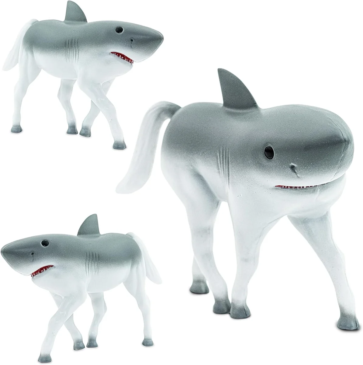 Mini animal figures with exaggerated proportions and wide eyes, including horse and shark designs in colorful plastic