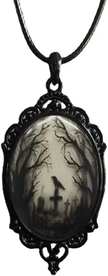 Black gothic raven cameo pendant necklace