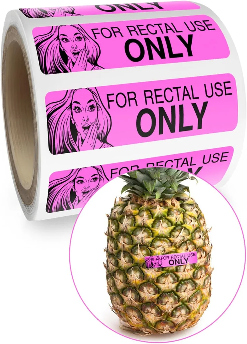 Roll of 200 small pink rectangular labels printed with the words RECTAL USE ONLY in black text, sold as a novelty prank sticker roll