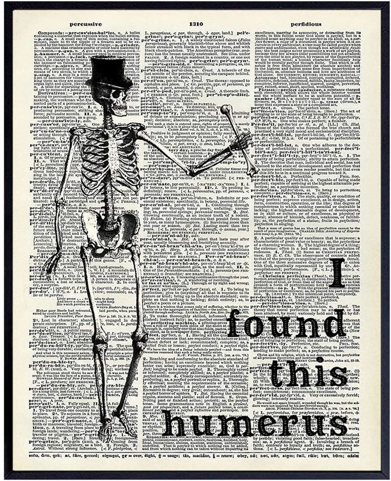Eight-by-ten inch wall art print of skeleton anatomy arranged as dictionary definitions, with steampunk-inspired and upcycled aesthetic