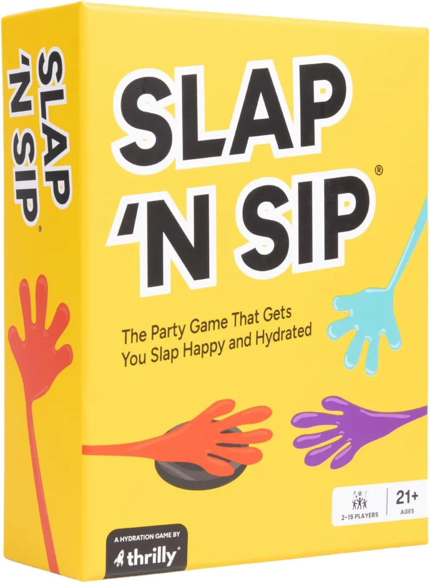 Slap N Sip party game packaging with sticky hands and colorful game cards
