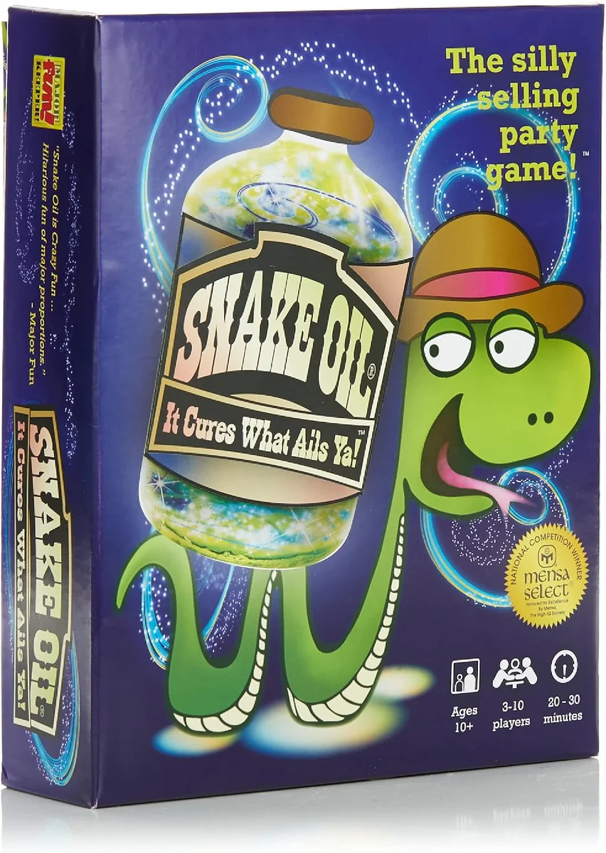 SNAKE OIL party card game box showing game packaging and card components