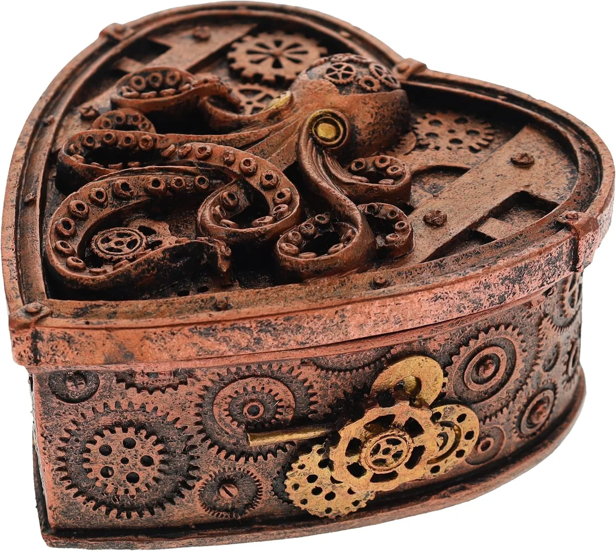 Small heart-shaped trinket stash box in rustic copper finish, sculpted as a steampunk octopus with detailed tentacles wrapping around and over a hinged heart-shaped compartment, styled as gothic eclectic decor