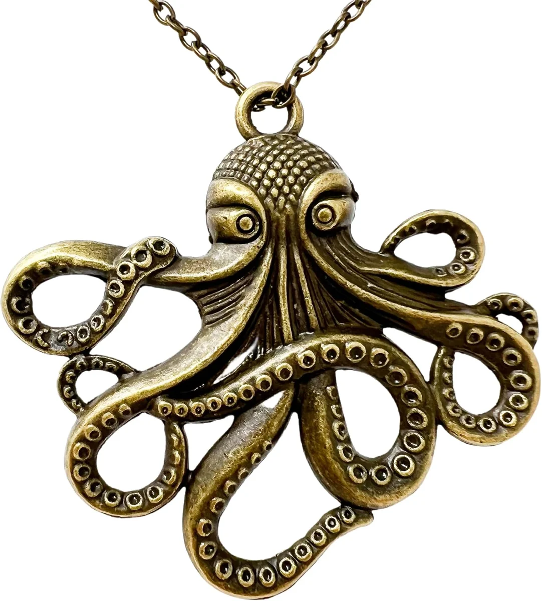 Antique brass-finish pendant necklace shaped like a detailed octopus with curling tentacles wrapping around a central Victorian-style ornament, hung on a matching antique-tone chain in a steampunk gothic aesthetic