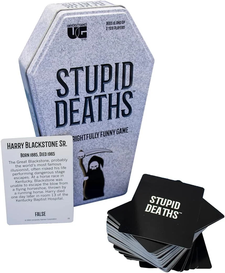 Stupid Deaths party game in coffin-shaped tin packaging