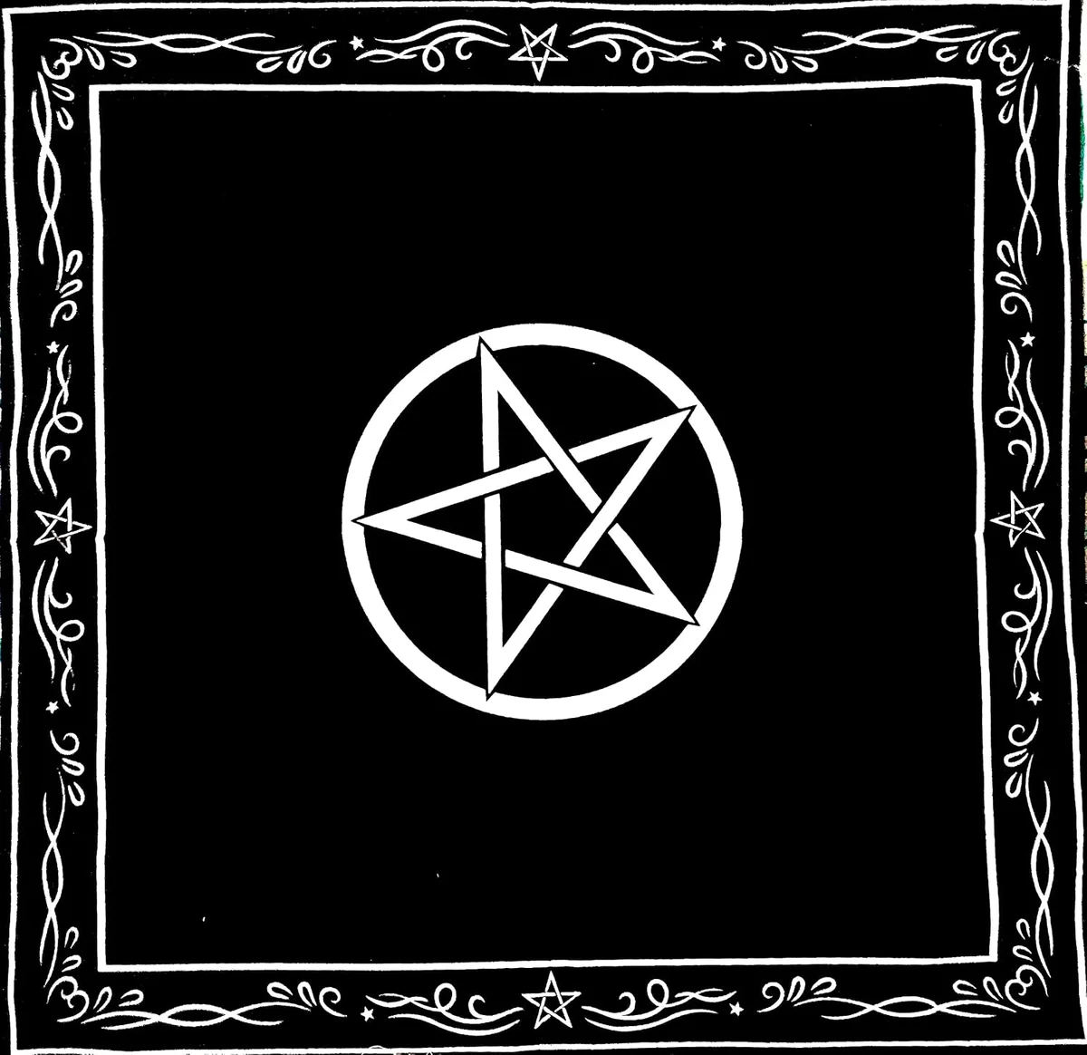 Black square altar cloth with pentagram and triple goddess symbols, 26 by 26 inches, for tarot readings and occult home decor