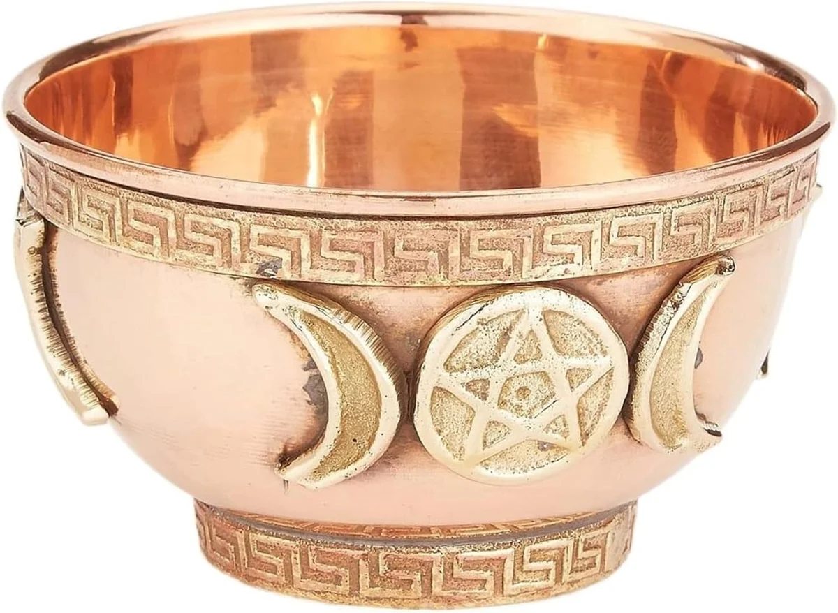 Copper incense burner shaped like triple moon phases and pentacle symbol, 3 inches in diameter
