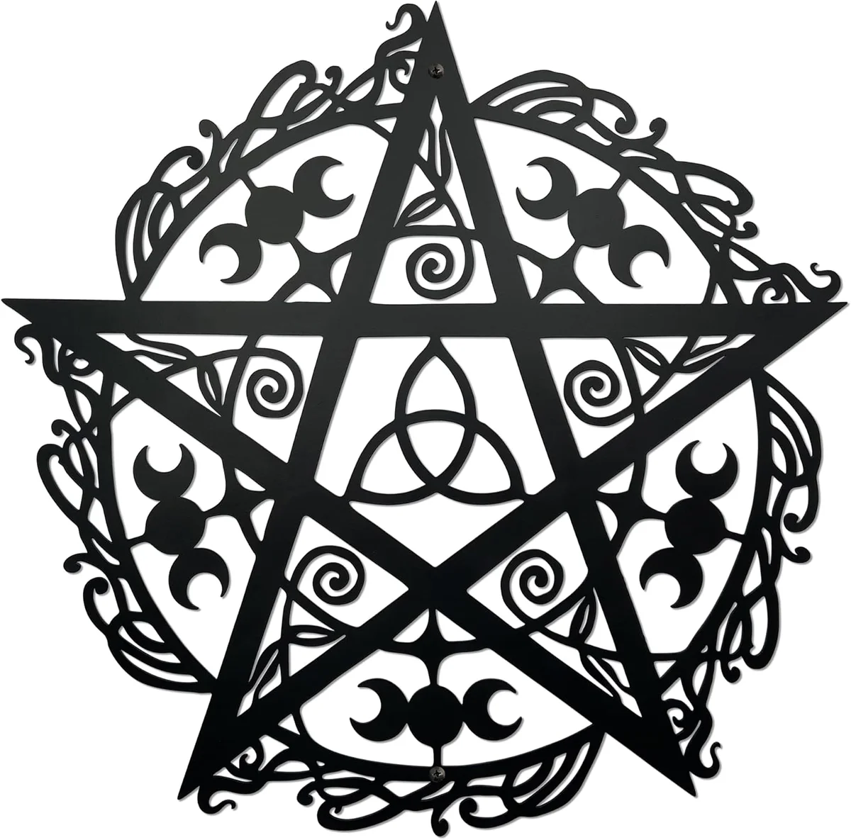 Black iron wall hanging shaped as a pentagram inside a circle with a triple-moon symbol (waxing crescent, full moon, waning crescent) across the top, in a matte black finish for indoor or outdoor gothic decor