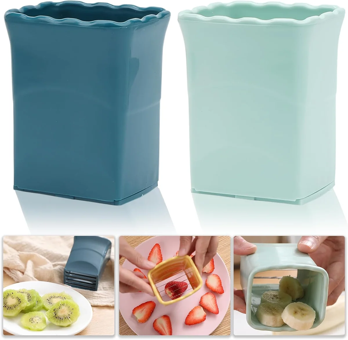 Tulobi stainless steel mini cup fruit slicer set in navy blue and cyan
