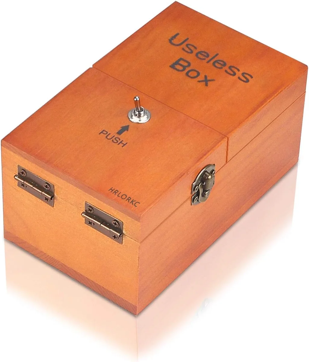 Wooden useless box toy with switch mechanism that automatically deactivates, fully assembled with natural wood finish