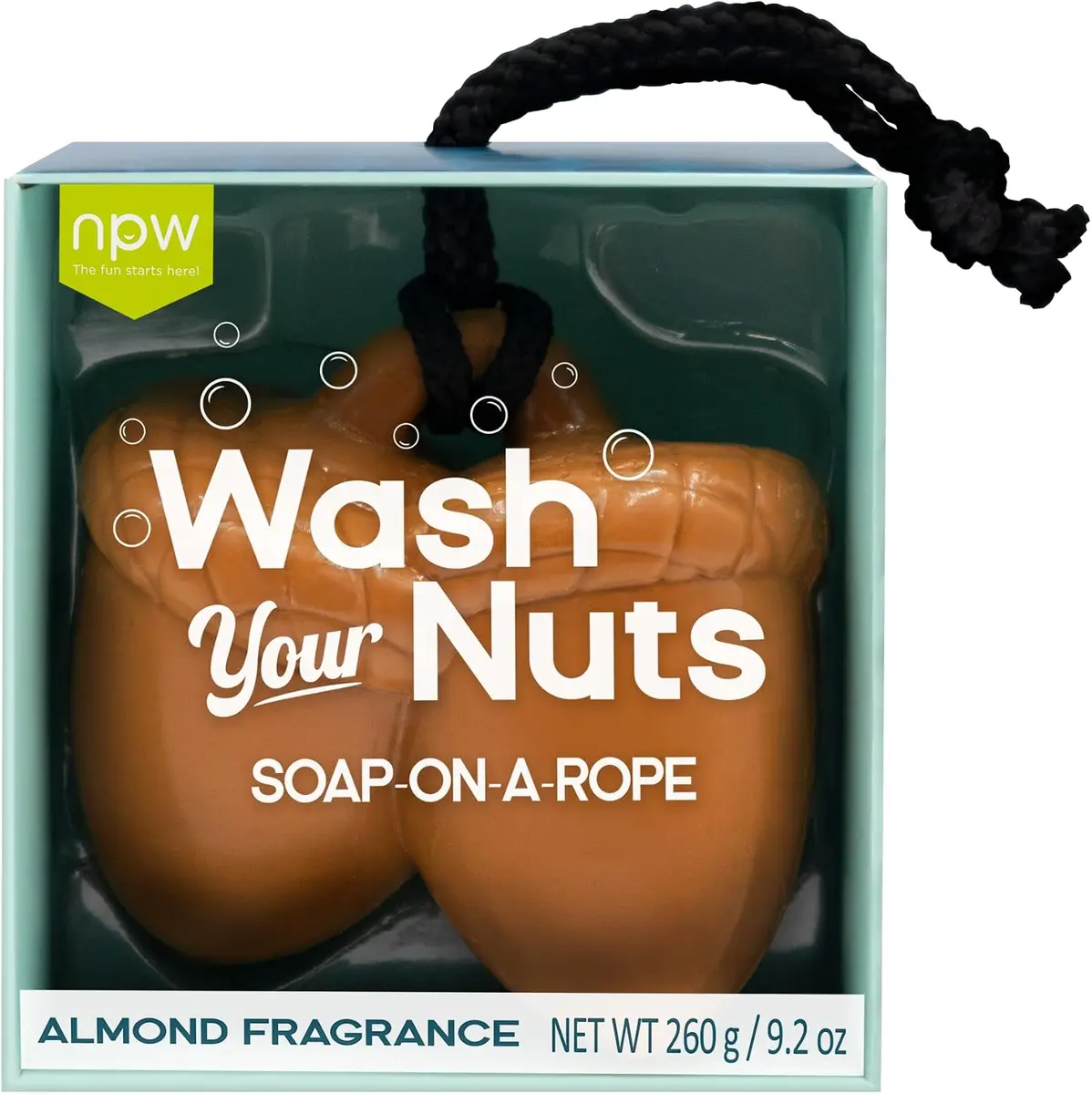 Novelty soap-on-a-rope with humorous packaging