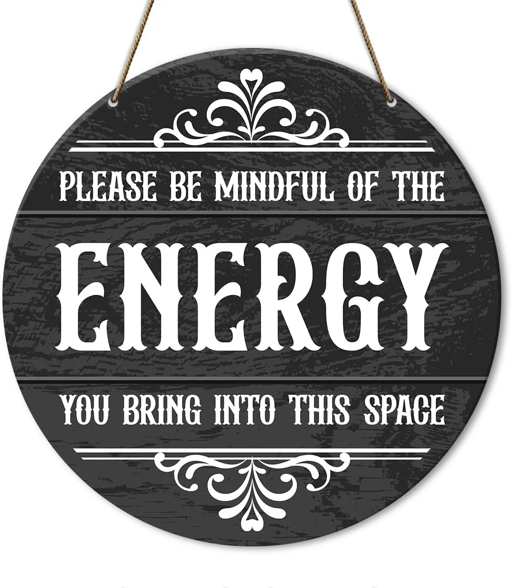 Small rustic wooden Wicca-themed decor sign printed with witchy pagan symbols and positive-energy affirmations, styled as gothic home or office decor
